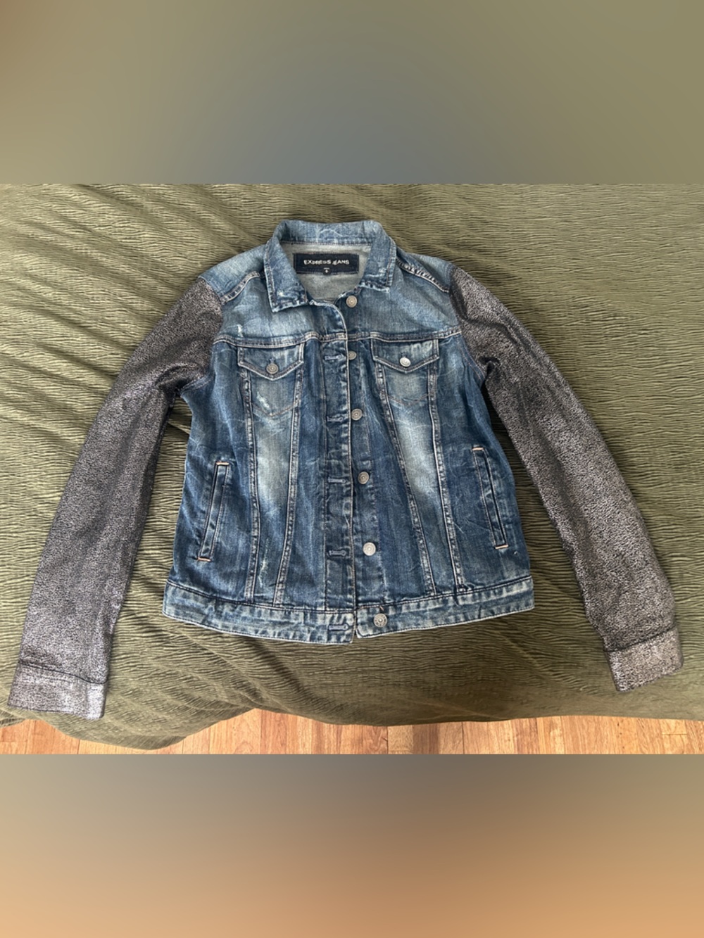 Express Denim Jacket with Metallic Silver Sleeves